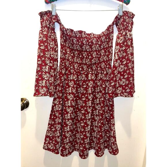 ONEYIM Burgundy Floral Print Long Sleeve Off The Shoulder Summer Dress - Picture 4 of 7